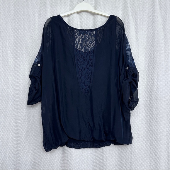 Elegant Silk Navy Blue Lace Blouse - Picture 2 of 7